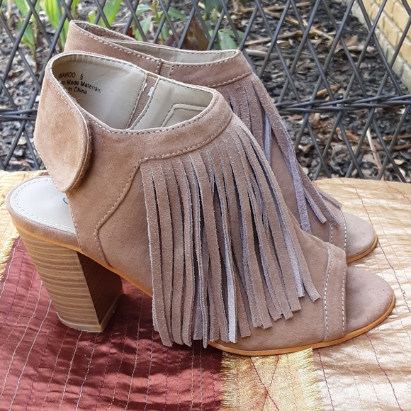 Corkys Shoes Corkys Wahoo Tan Faux Suede Fringe Stacked Heel Open Toe Shoe Poshmark